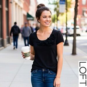 LOFT Black Short Sleeve Top with Floral Detail